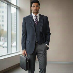 Men's Suit Blue Pinstripe Jacket and Vest Size 40R Made in the USA